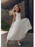 Ivory Tulle Lace Trimmed Beaded Flower Girl Dress